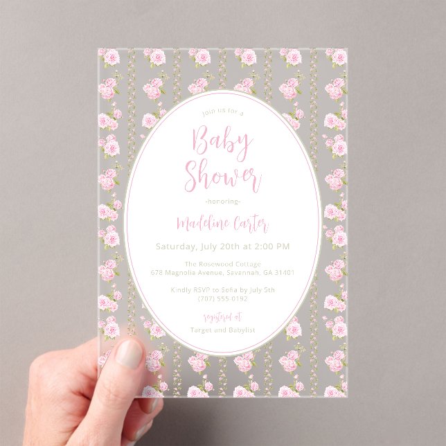 Invitations En Acrylique Romantic Pink Rose Baby Shower  (In situ (ordinateur de poche))