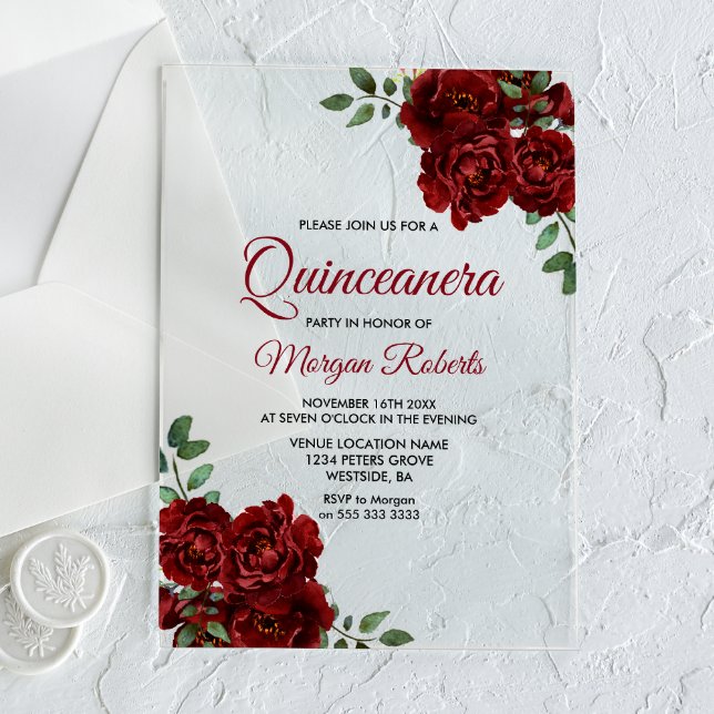 Invitations En Acrylique Romantique Bourgogne Rouge Rose Quinceanera Invita (Créateur téléchargé)