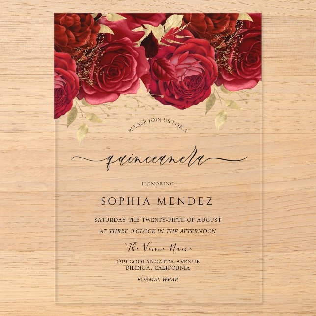 Invitations En Acrylique Romantique Roses Rouges Élégante Quinceanera Party (Recto)