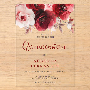 Invitations En Acrylique Romantique Ruby Rouge Rose Quinceanera Party