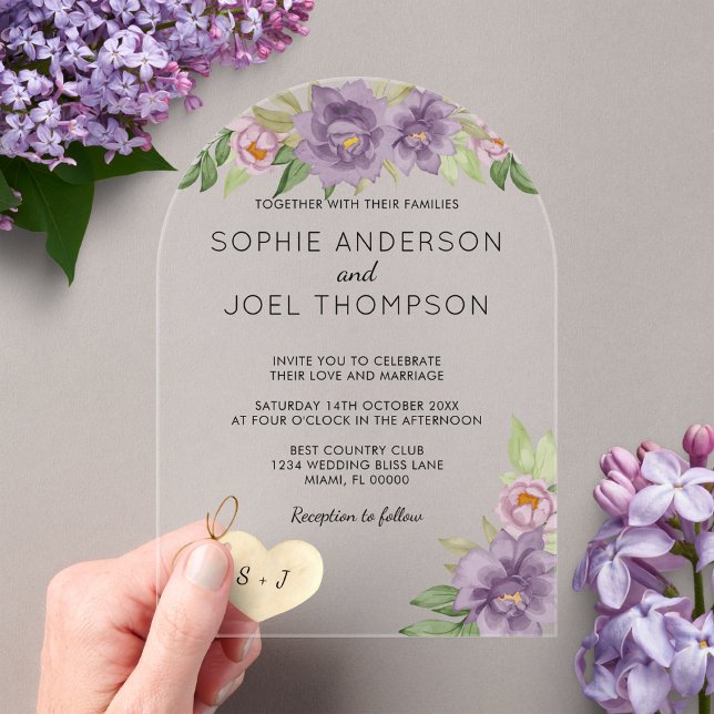 Invitations En Acrylique Romantique rustique Lilac Blooms Monogramme Mariag (Créateur téléchargé)