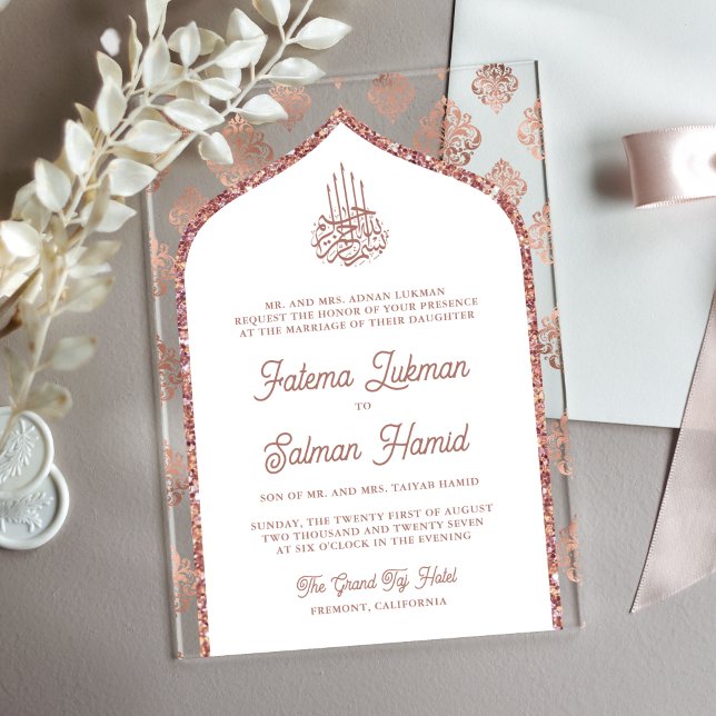 Invitations En Acrylique Rose blanche or Damask Arch Mariage musulman (Créateur téléchargé)