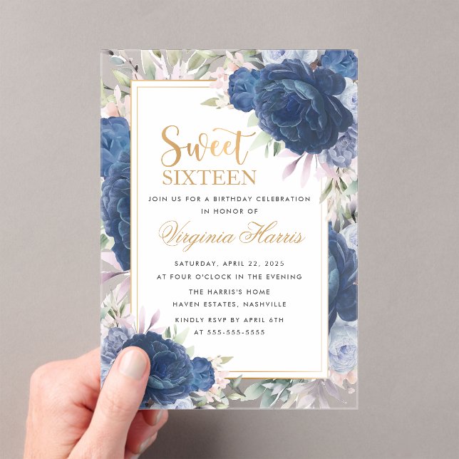 Invitations En Acrylique Rose bleu Sweet sixteen floral 16 Anniversaire (In situ (ordinateur de poche))