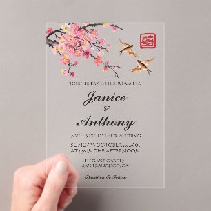 Invitations En Acrylique Rose chinoise fleurs oiseaux accueil mariage