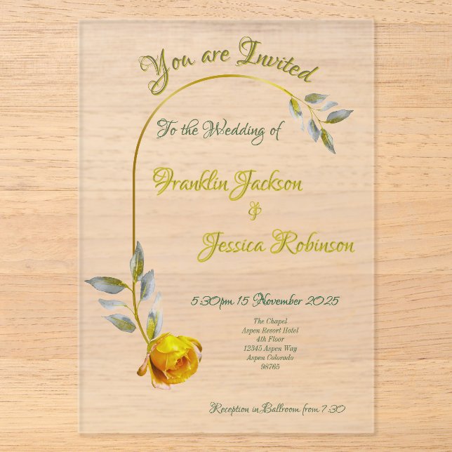Invitations En Acrylique Rose de paix rose avec Mariage vert pâle (Recto)