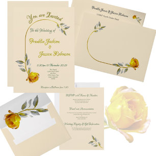 Invitations En Acrylique Rose de paix rose jaune avec Mariage vert-or pâle