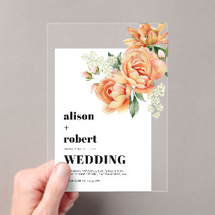 Invitations En Acrylique Rose de pêche fleurs fleurie sauge vert mariage