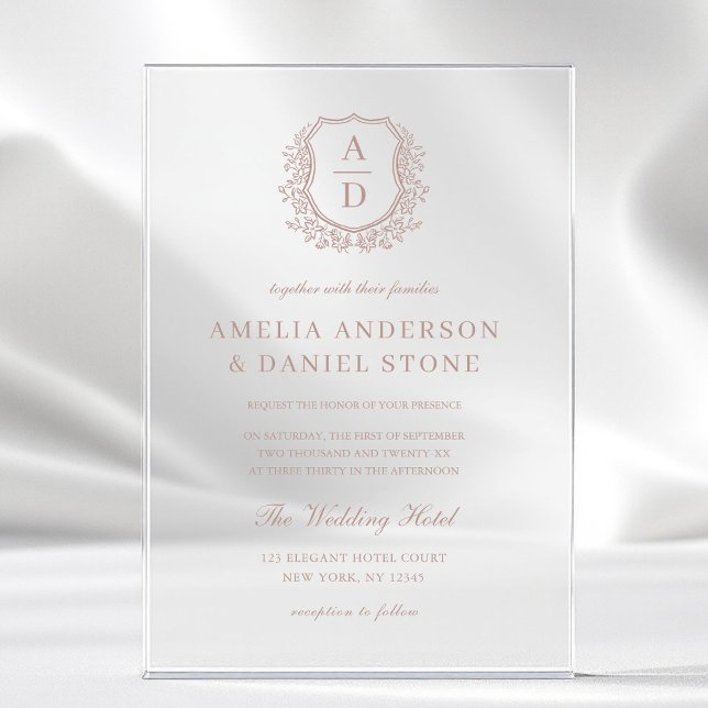 Invitations En Acrylique Rose Dusty Floral Crest Monogram Mariage (Créateur téléchargé)
