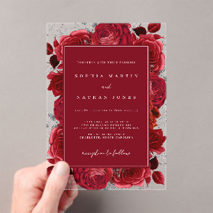 Invitations En Acrylique Rose Élégant Rouge Et Argent Mariage clair