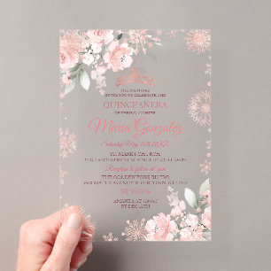 Invitations En Acrylique Rose et Or Rose Floral Fille d'Hiver Quinceañera