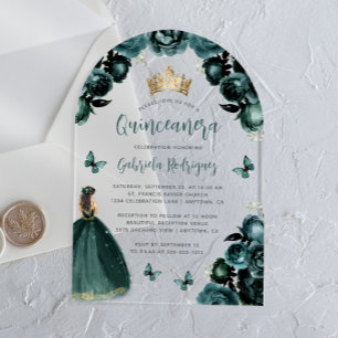 Invitations En Acrylique Rose Fleur Émeraude Verte Aquarelle Quinceañera