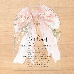 Invitations En Acrylique Rose Fleur Fille Première Communion Rose Ruban Ros