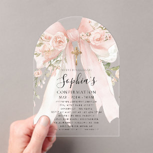 Invitations En Acrylique Rose Fleurie en Rose à Ruban Rose pour Fille de Co