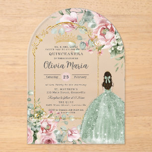Invitations En Acrylique Rose floral clair Sage vert Quinceañera Sweet 16