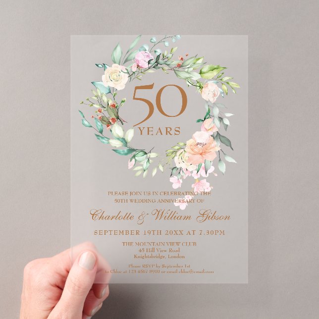 Invitations En Acrylique Rose Floral Garland 50e anniversaire de Mariage (In situ (ordinateur de poche))