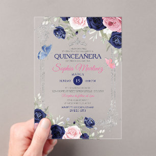 Invitations En Acrylique Rose Floral Marine Bleu Papillon Argent Quinceañer