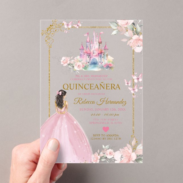Invitations En Acrylique Rose Floral Princess Royal Castle Gold Quinceañera (In situ (ordinateur de poche))