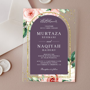 Invitations En Acrylique Rose Floral violet arc musulman Mariage