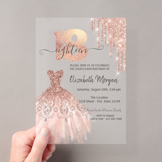 Invitations En Acrylique Rose Gold Drips Robe Argent 18e anniversaire (In situ (ordinateur de poche))