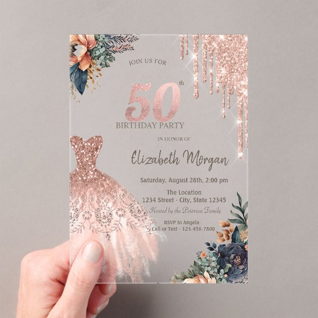 Invitations En Acrylique Rose Gold Drips Robe Moody Flowers 50e anniversair (In situ (ordinateur de poche))