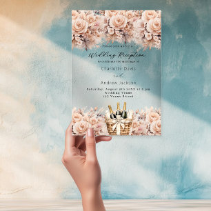 Invitations En Acrylique Rose gold florales vin mousseux réception de maria