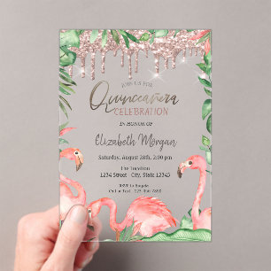 Invitations En Acrylique Rose Gold Glitter Drips Pink Flamingos Quinceañera