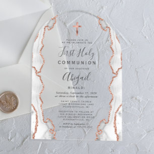 Invitations En Acrylique Rose Gold Gris Agate Arche Première Communion