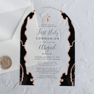 Invitations En Acrylique Rose Gold Noir Agate Arche Première Sainte Communi