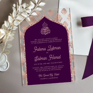 Invitations En Acrylique Rose Gold Pourpre Foncé Mariage Musulman à Arche e