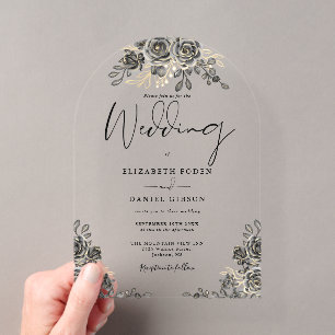 Invitations En Acrylique Rose gothique Floral Noir et or Arch Mariage