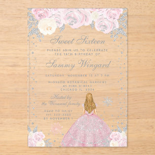 Invitations En Acrylique Rose Hiver Blonde Cheveux Princesse Sweet Seize