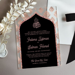 Invitations En Acrylique Rose noir or Damask Arch Mariage musulman