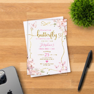Invitations En Acrylique Rose Notre Petite Papillon Fleur Fille 1er Anniver