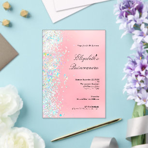 Invitations En Acrylique Rose Pâle Blanc Paillettes Glam Bling Quinceanera