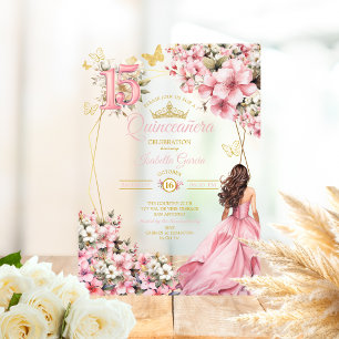 Invitations En Acrylique Rose Pâle Floral Papillons Dorés Quinceañera