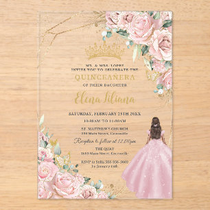 Invitations En Acrylique Rose Pâle Floral Princesse Or Quinceanera 15 XV