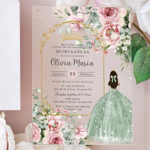 Invitations En Acrylique Rose Pâle Floral Vert Sauge Quinceañera Douze Ans