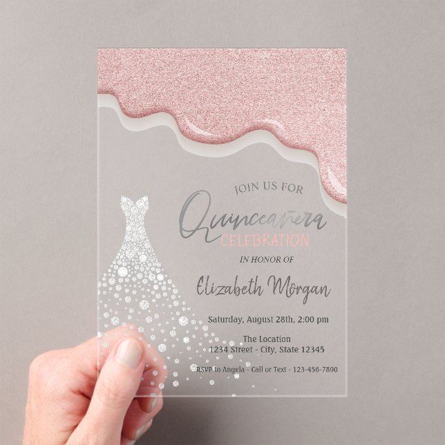 Invitations En Acrylique Rose Parties scintillant or Drives Diamond Robe Qu (In situ (ordinateur de poche))