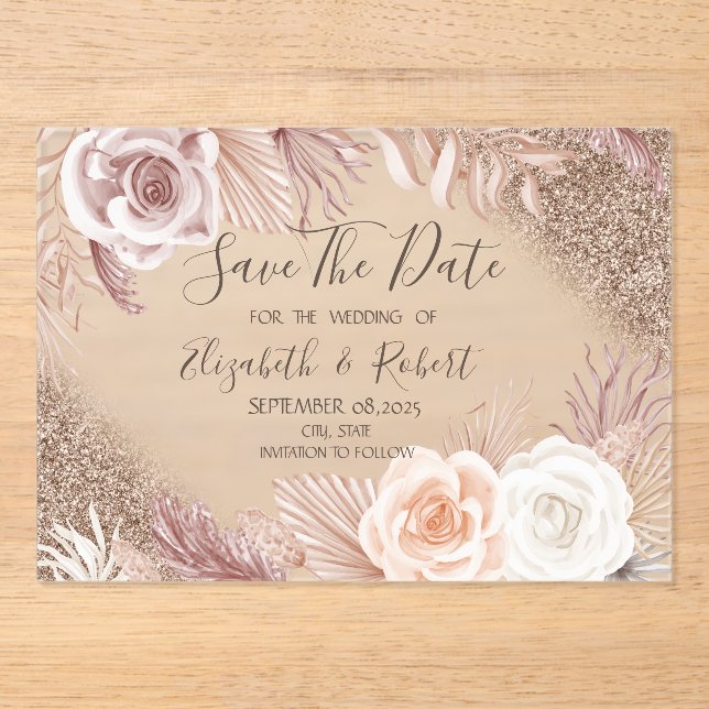 Invitations En Acrylique Rose Parties scintillant Or Fleurs Boho Ombre Enre (Recto)