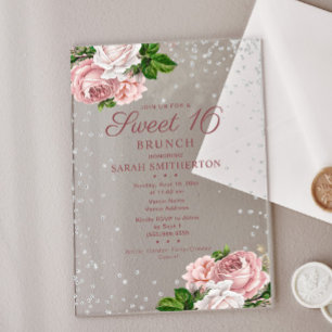 Invitations En Acrylique Rose rose Floral Parties scintillant d'argent doux