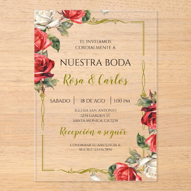 Invitations En Acrylique Rose Rose Mariage Espagnol (Recto)