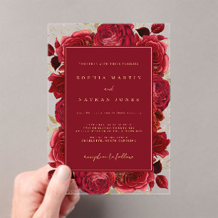 Invitations En Acrylique Rose rouge et or Elegant Mariage clair
