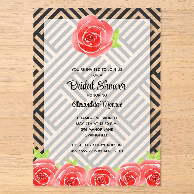 Invitations En Acrylique Rose rouge sur la Fête des mariées des rayures (Recto)