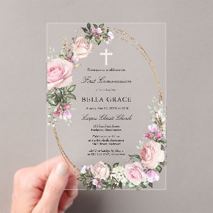 Invitations En Acrylique Rose Rustique Rose Floral Première Communion Saint