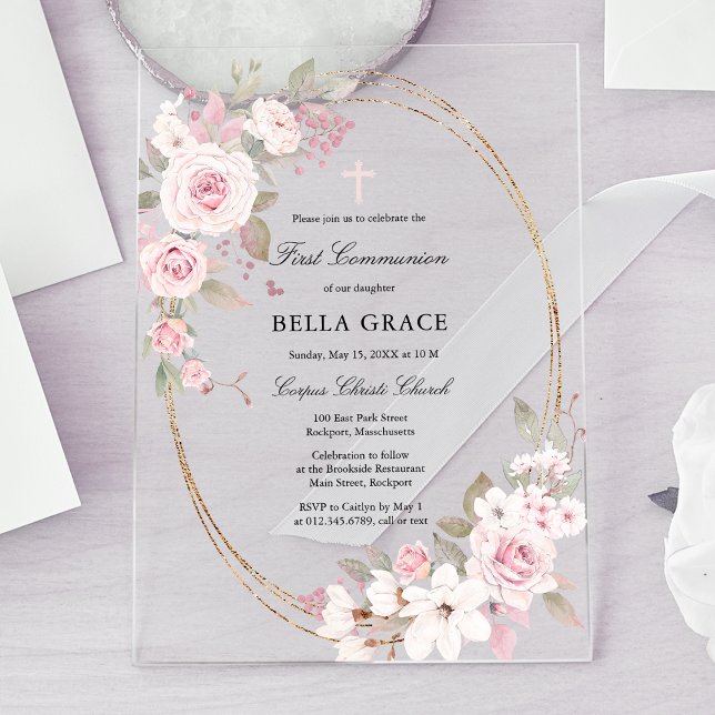 Invitations En Acrylique Rose Rustique Rose Floral Première Communion Saint (Créateur téléchargé)