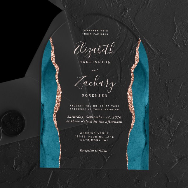 Invitations En Acrylique Rose Turquoise moderne Gold Agate Pink Texte Arch  (Créateur téléchargé)