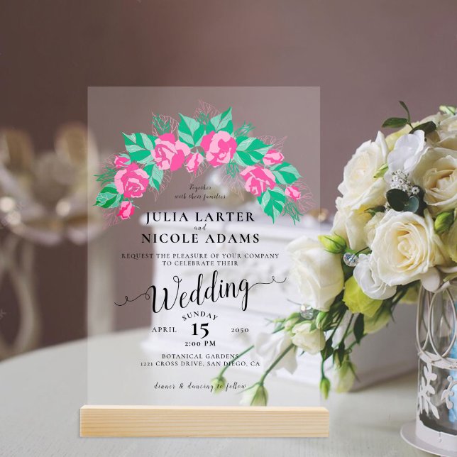 Invitations En Acrylique Rose Vert Rose Pétales Fleurs Jardin Mariage (Créateur téléchargé)