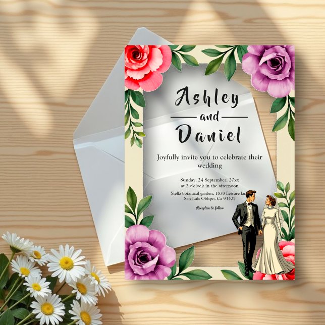 Invitations En Acrylique Rose violet Roses Couple Aquarelle Mariage Floral (Créateur téléchargé)