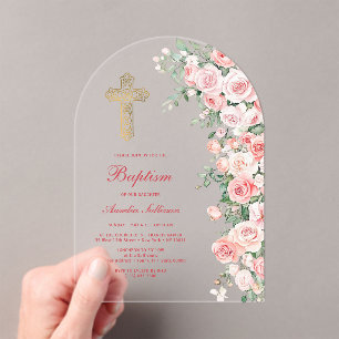 Invitations En Acrylique Roses à Fleur de Peau Rose Arche Baptême