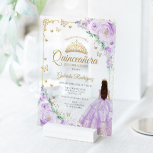 Invitations En Acrylique Roses aquarelles violettes lilas Quinceanera or